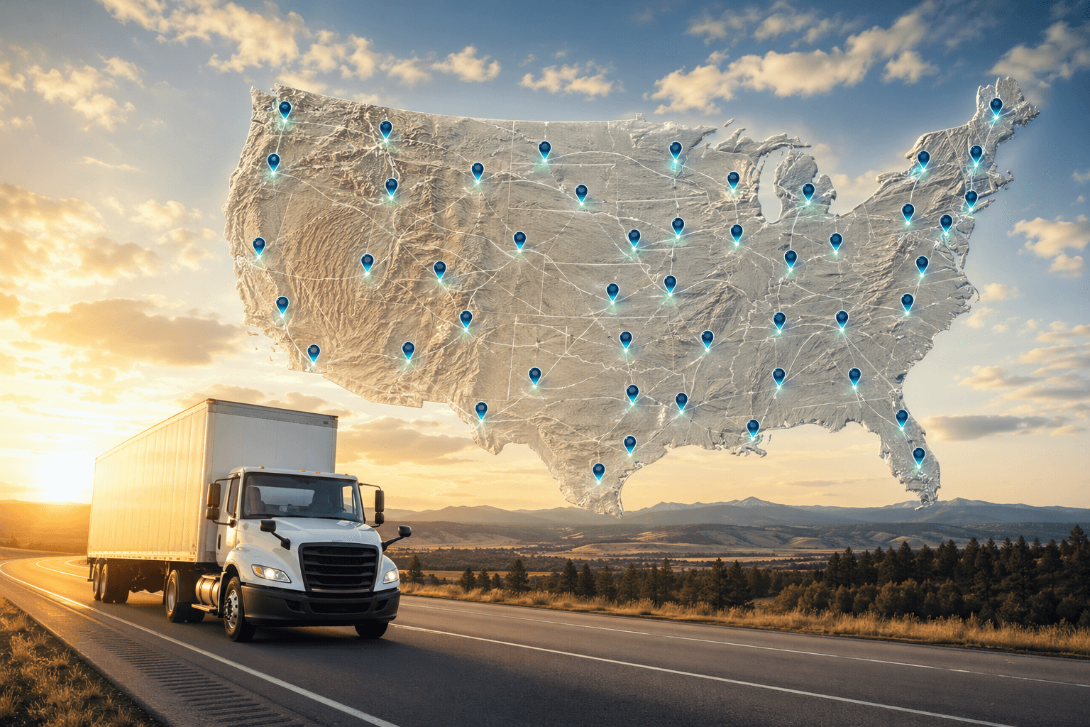 USA map with glowing service-area pins across all 50 states and a Nation Movers truck driving on an open highway under a golden sunset