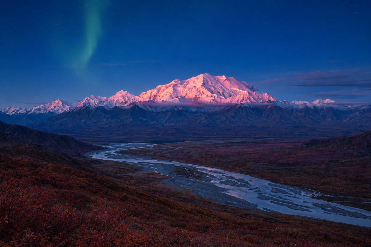 Modern photograph of Denali and the Alaska Range with subtle northern lights at dusk representing Nation Movers' Alaska service area