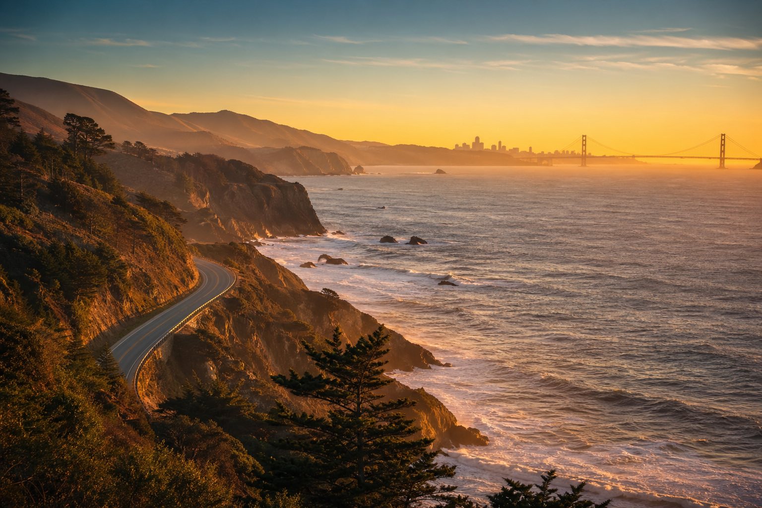 Modern photograph of the Pacific Coast Highway with palm trees and the San Francisco Bay skyline representing Nation Movers' California service area