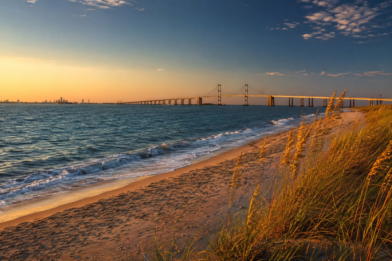 Modern photograph of the Cape Henlopen coastline and Delaware Memorial Bridge at sunset representing Nation Movers' Delaware service area