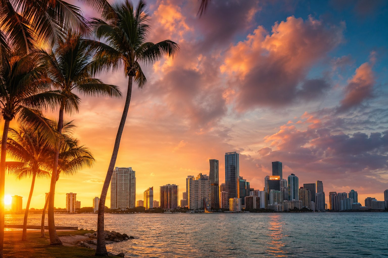 Modern photograph of the Miami skyline at golden hour with palm trees and the Atlantic shoreline representing Nation Movers' Florida service area