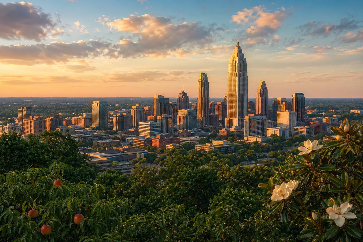 Modern photograph of the Atlanta skyline at sunset with the rolling Georgia foothills representing Nation Movers' Georgia service area