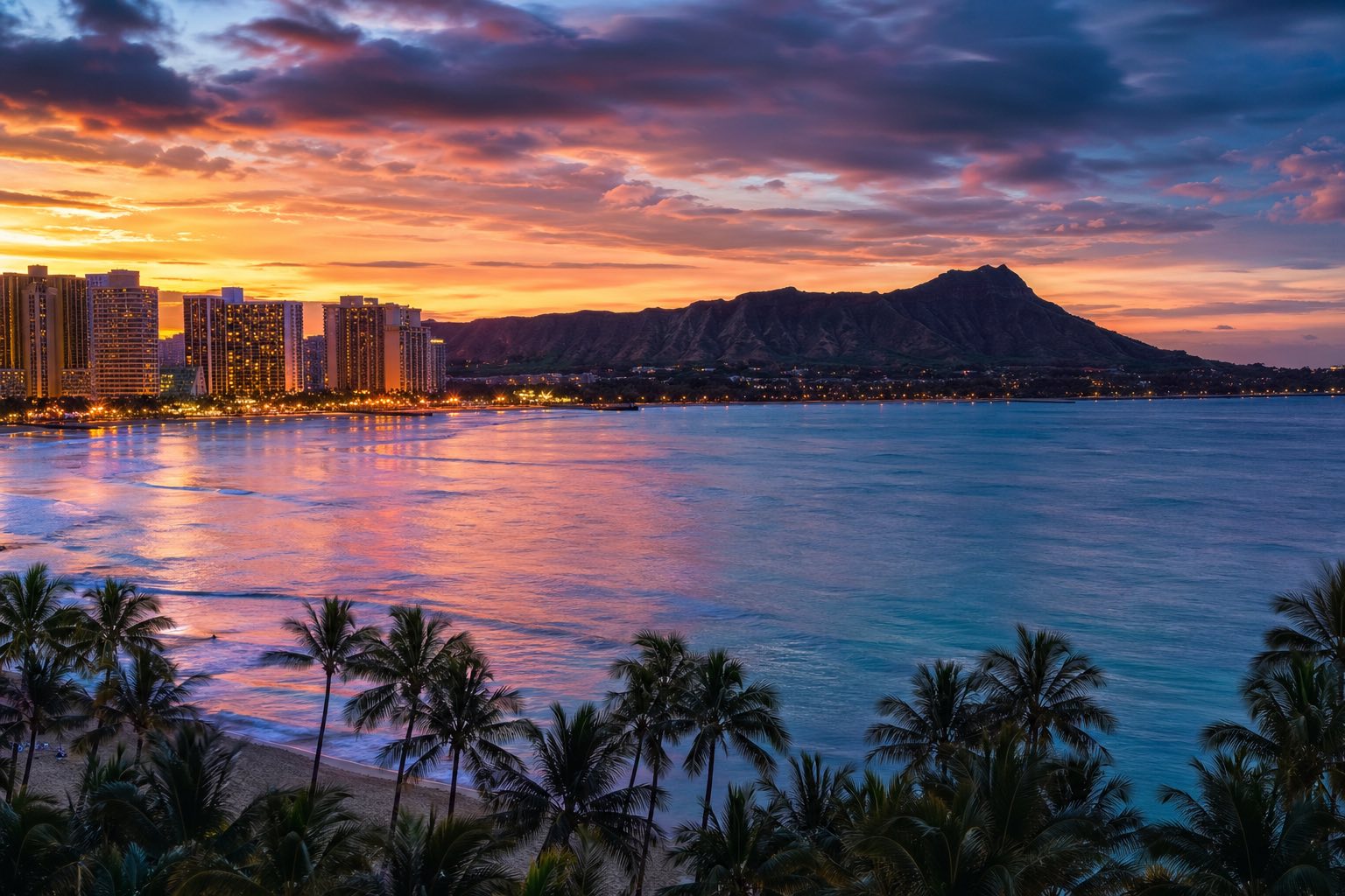Modern photograph of the Honolulu coastline and Diamond Head at dusk representing Nation Movers' Hawaii service area