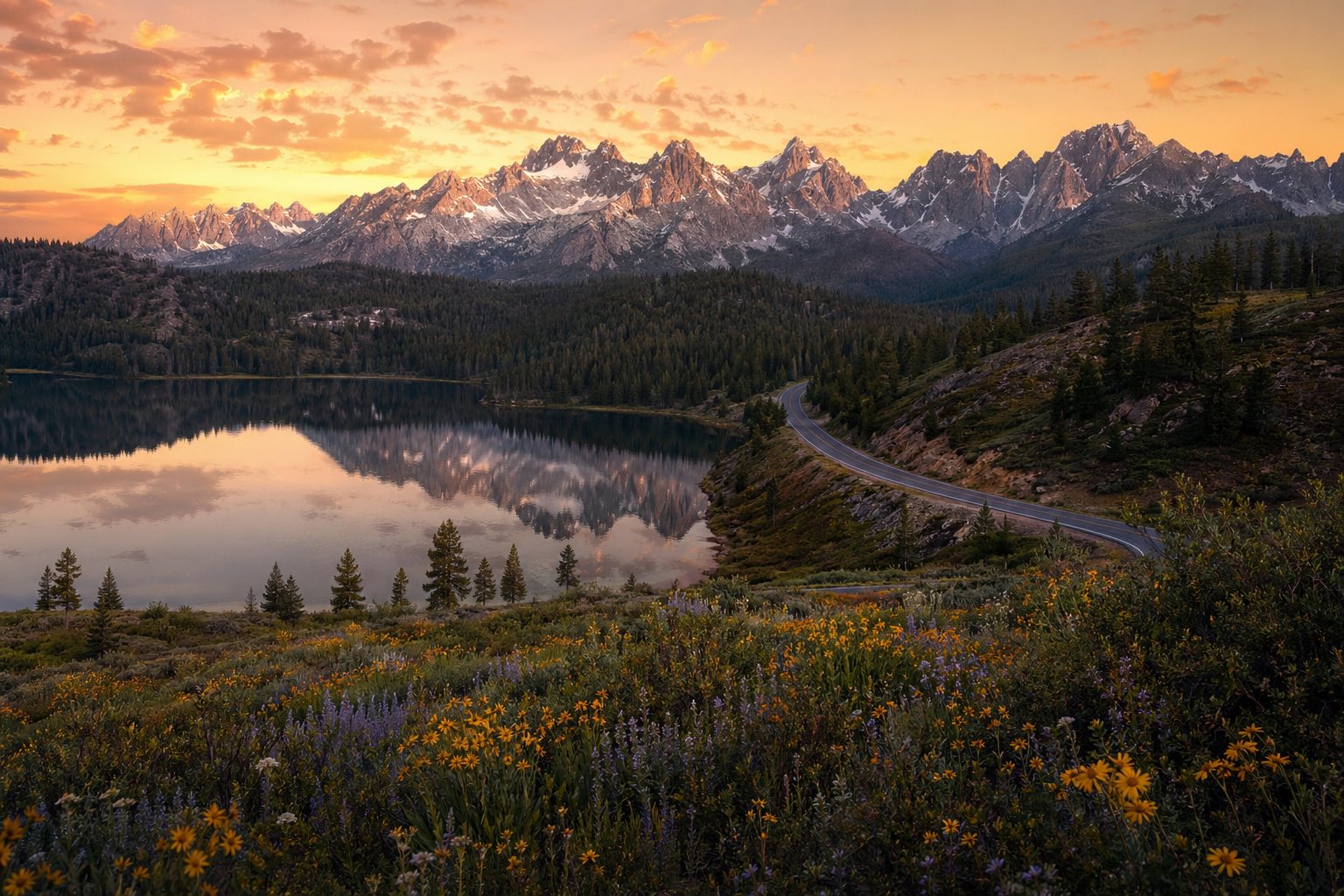 Modern photograph of the Sawtooth Mountains and Snake River valley at sunrise representing Nation Movers' Idaho service area