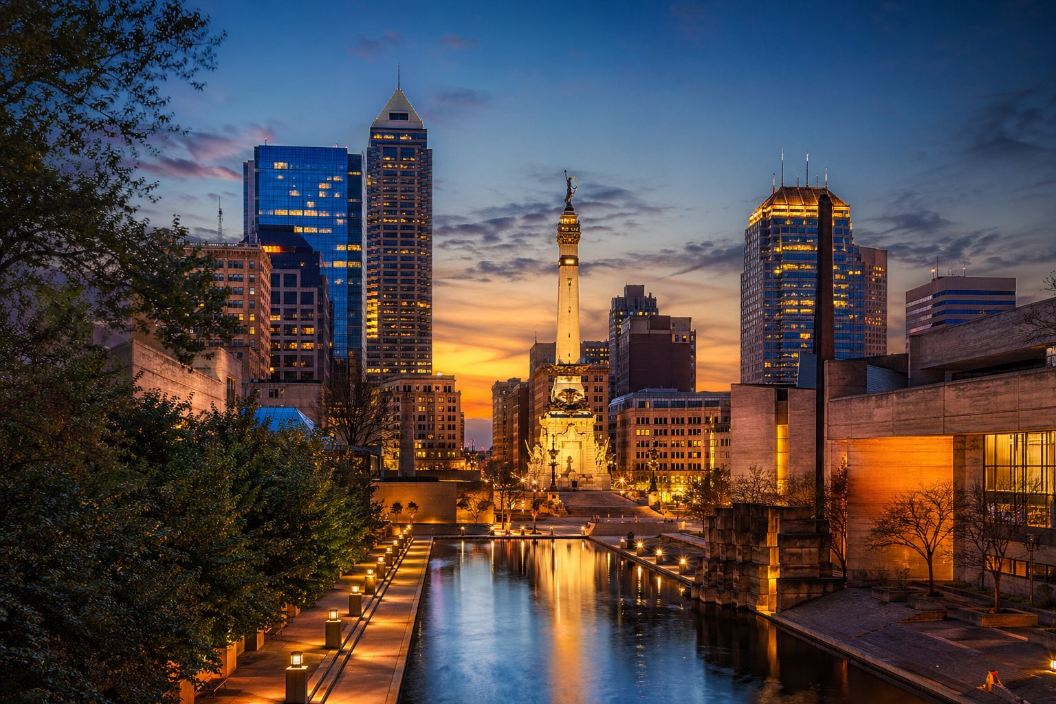 Modern photograph of the Indianapolis skyline with rolling Indiana farmland at golden hour representing Nation Movers' Indiana service area