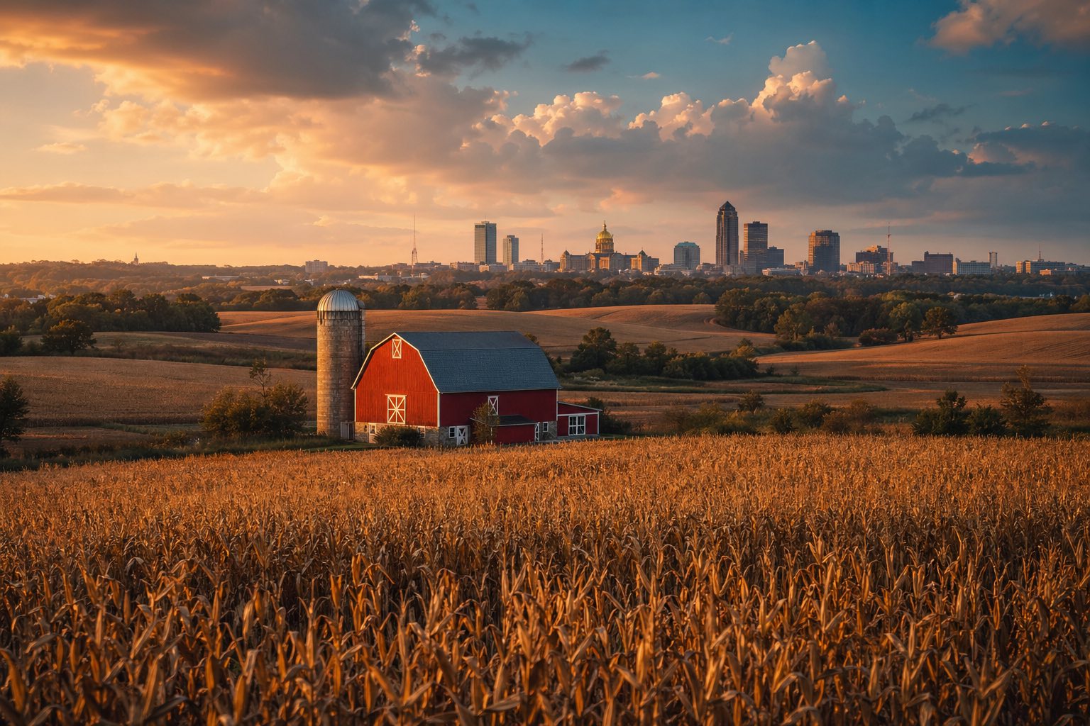 Modern photograph of rolling Iowa farmland and a country lane at golden hour representing Nation Movers' Iowa service area