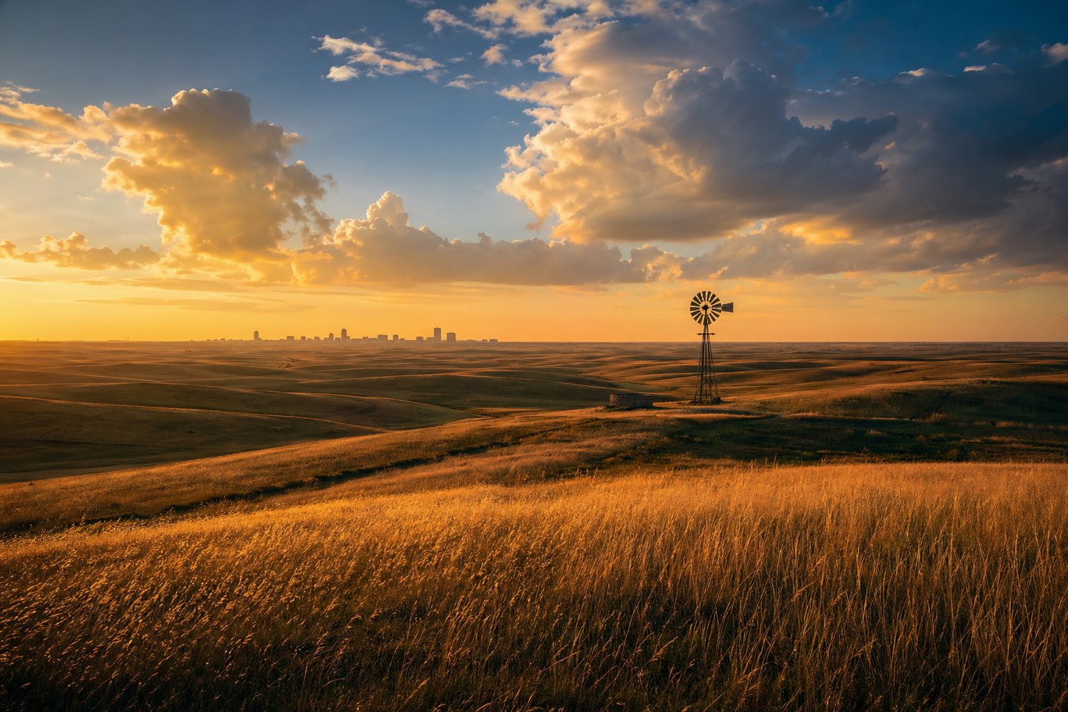 Modern photograph of the Flint Hills tallgrass prairie at golden hour representing Nation Movers' Kansas service area