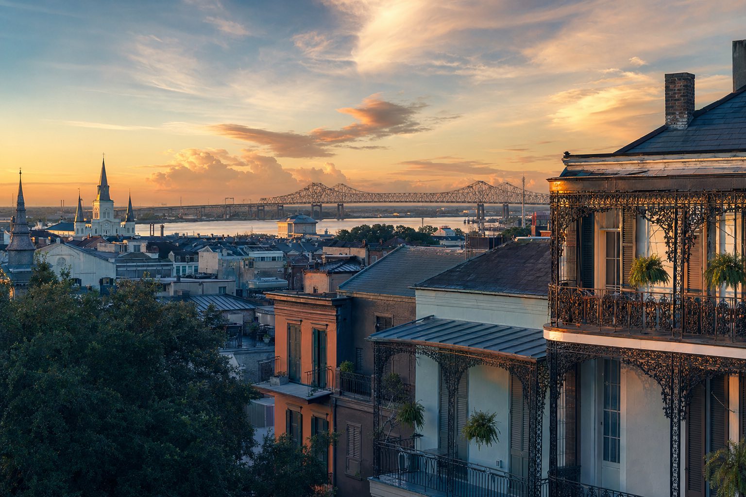 Modern photograph of the New Orleans French Quarter and the Mississippi River at dusk representing Nation Movers' Louisiana service area