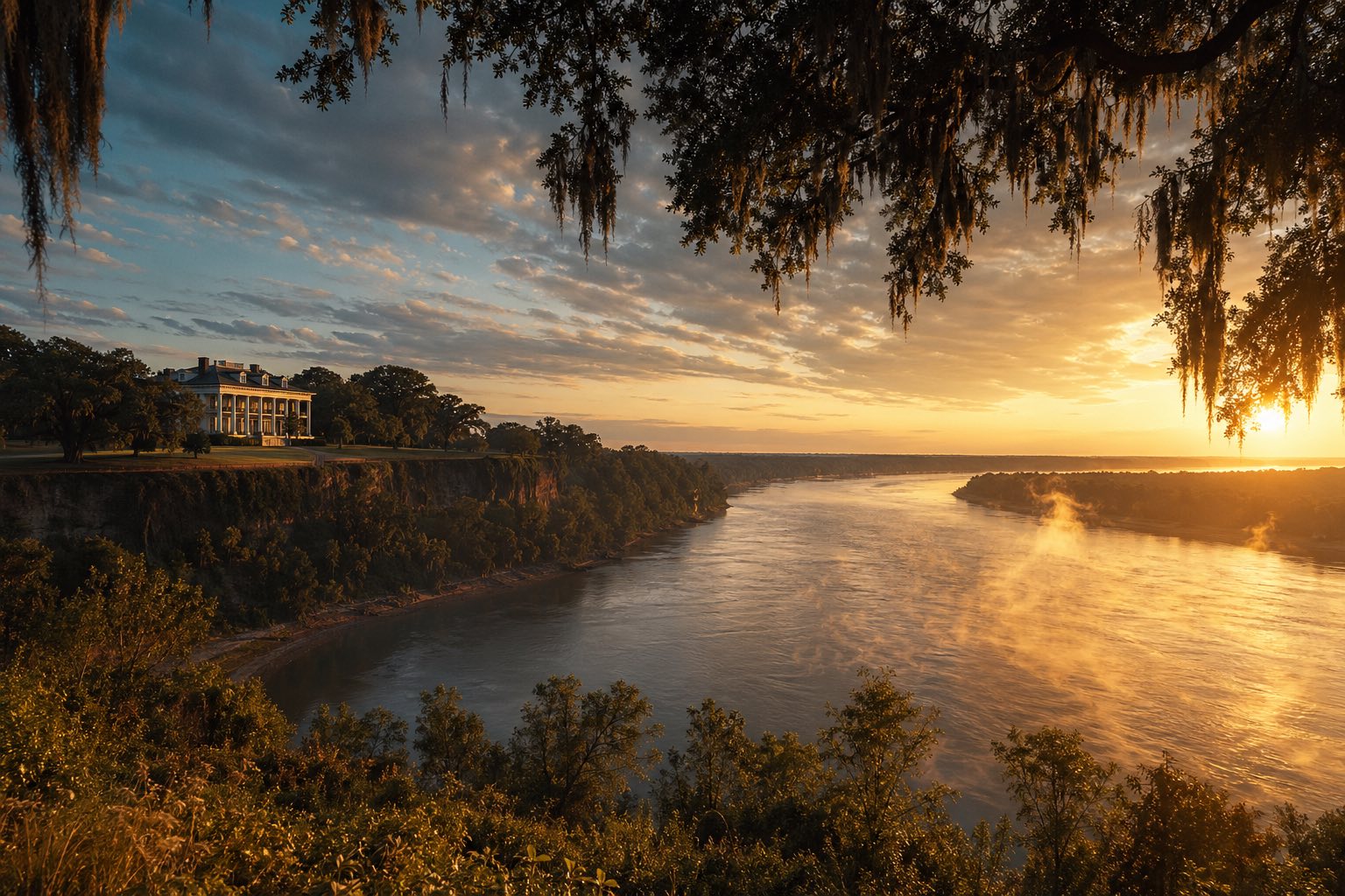 Modern photograph of a Mississippi River bend with cypress trees at golden hour representing Nation Movers' Mississippi service area