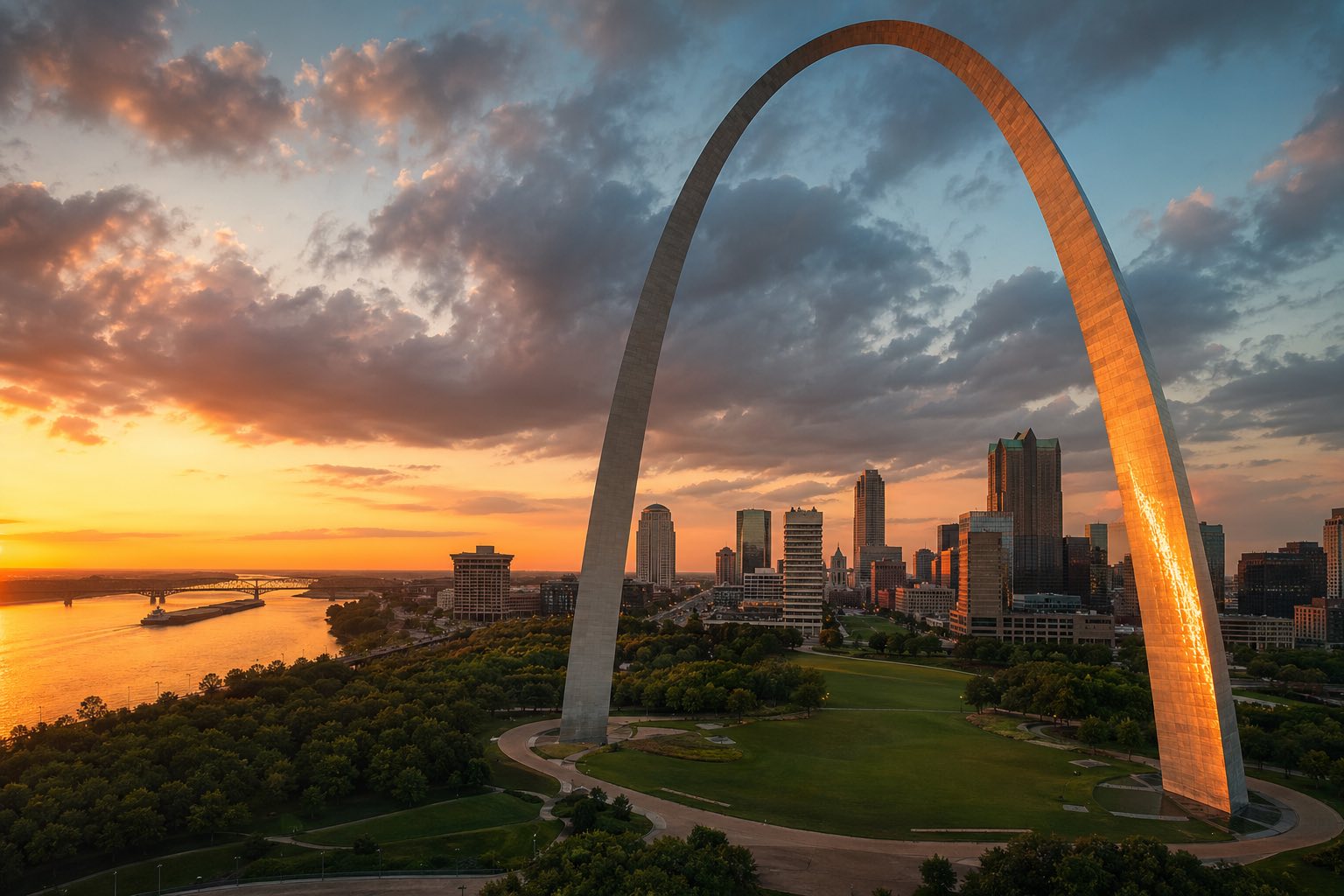 Modern photograph of the St. Louis Gateway Arch at sunset along the Mississippi representing Nation Movers' Missouri service area