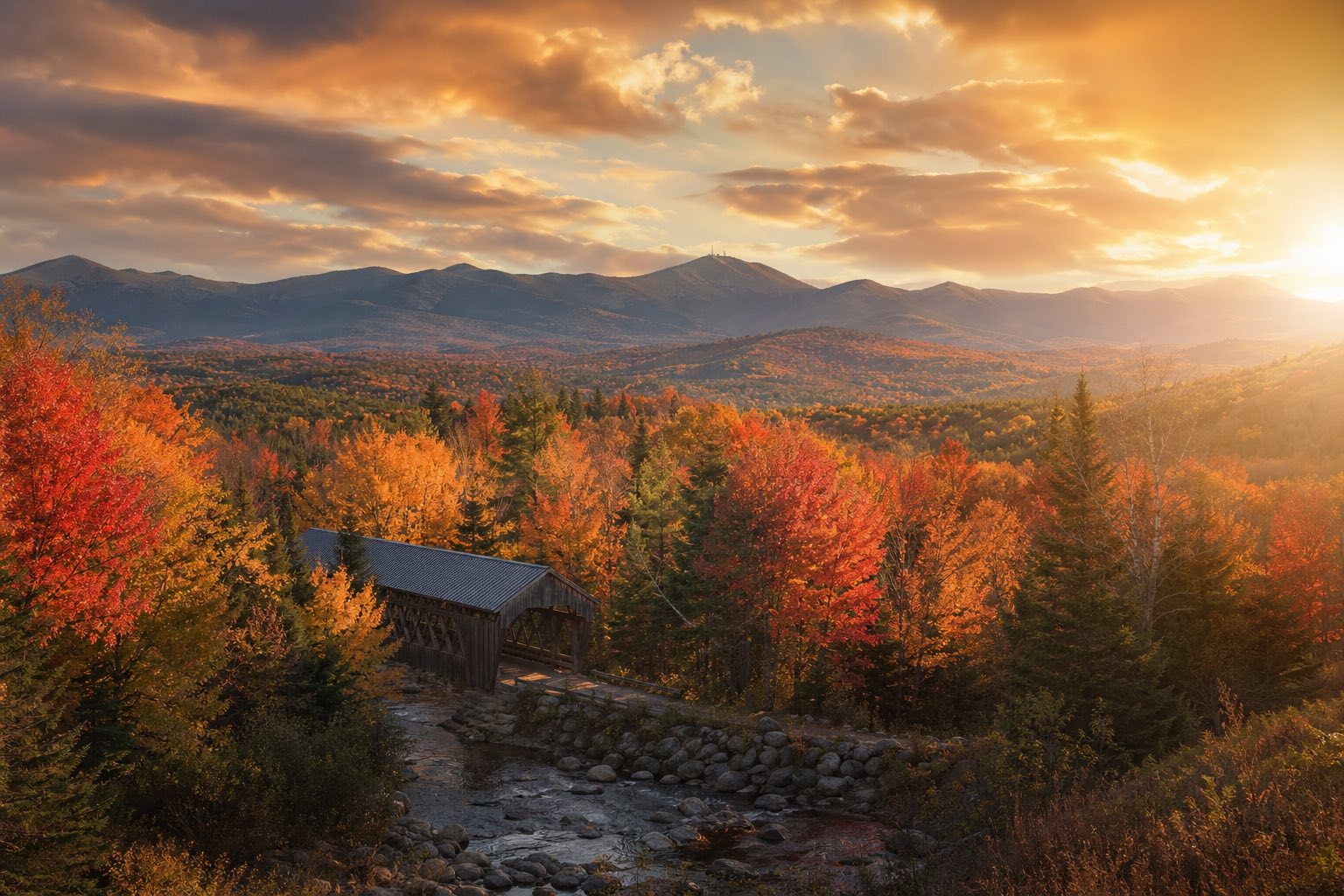 Modern photograph of the White Mountains in autumn with a classic covered bridge representing Nation Movers' New Hampshire service area