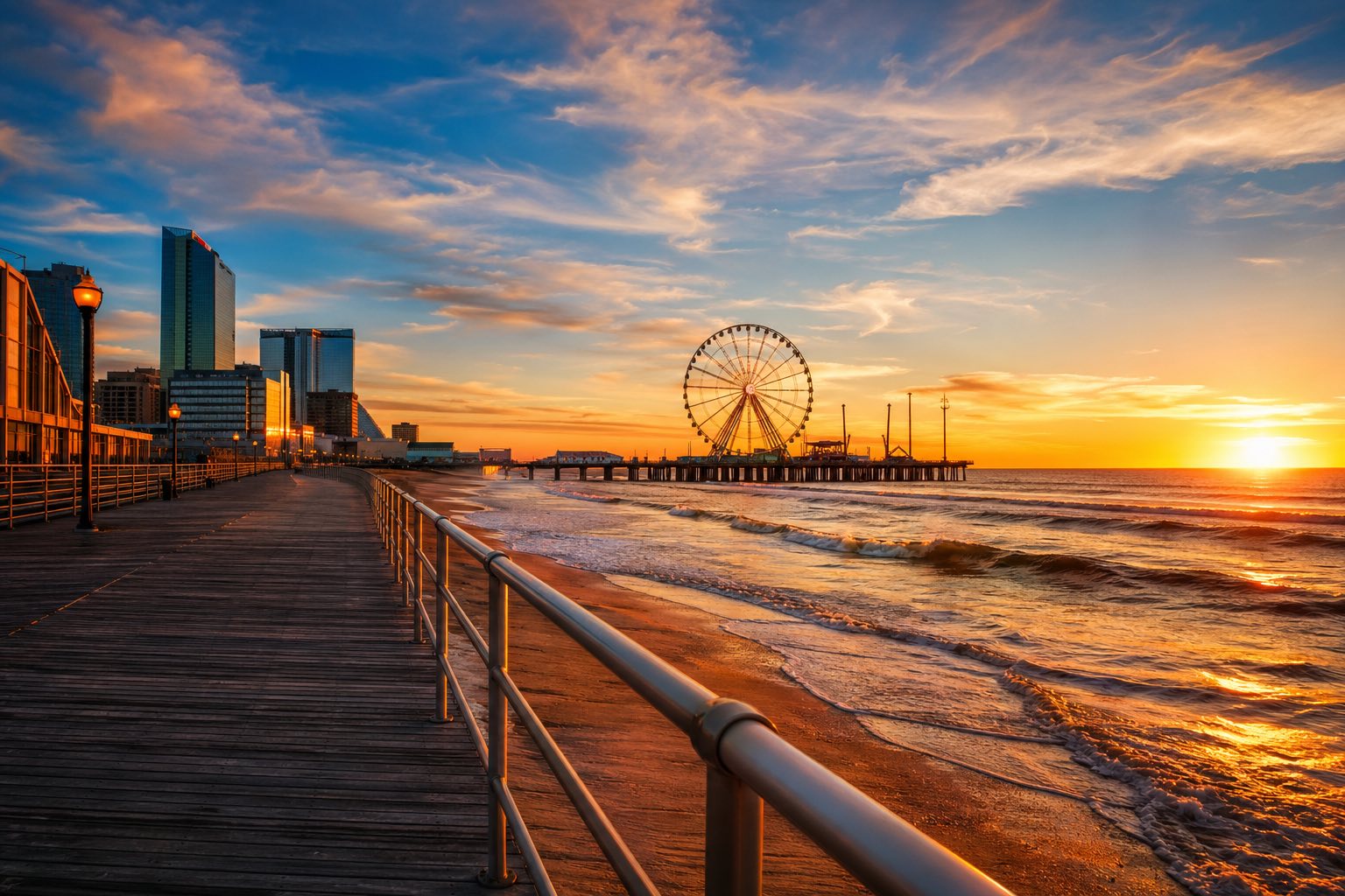 Modern photograph of the Atlantic City boardwalk and Jersey Shore at sunset representing Nation Movers' New Jersey service area