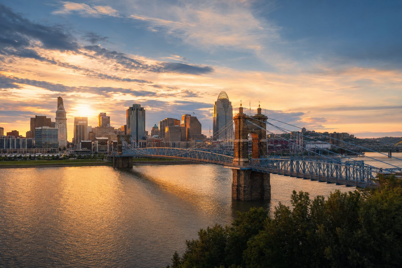 Modern photograph of the Cleveland skyline along Lake Erie at dusk representing Nation Movers' Ohio service area
