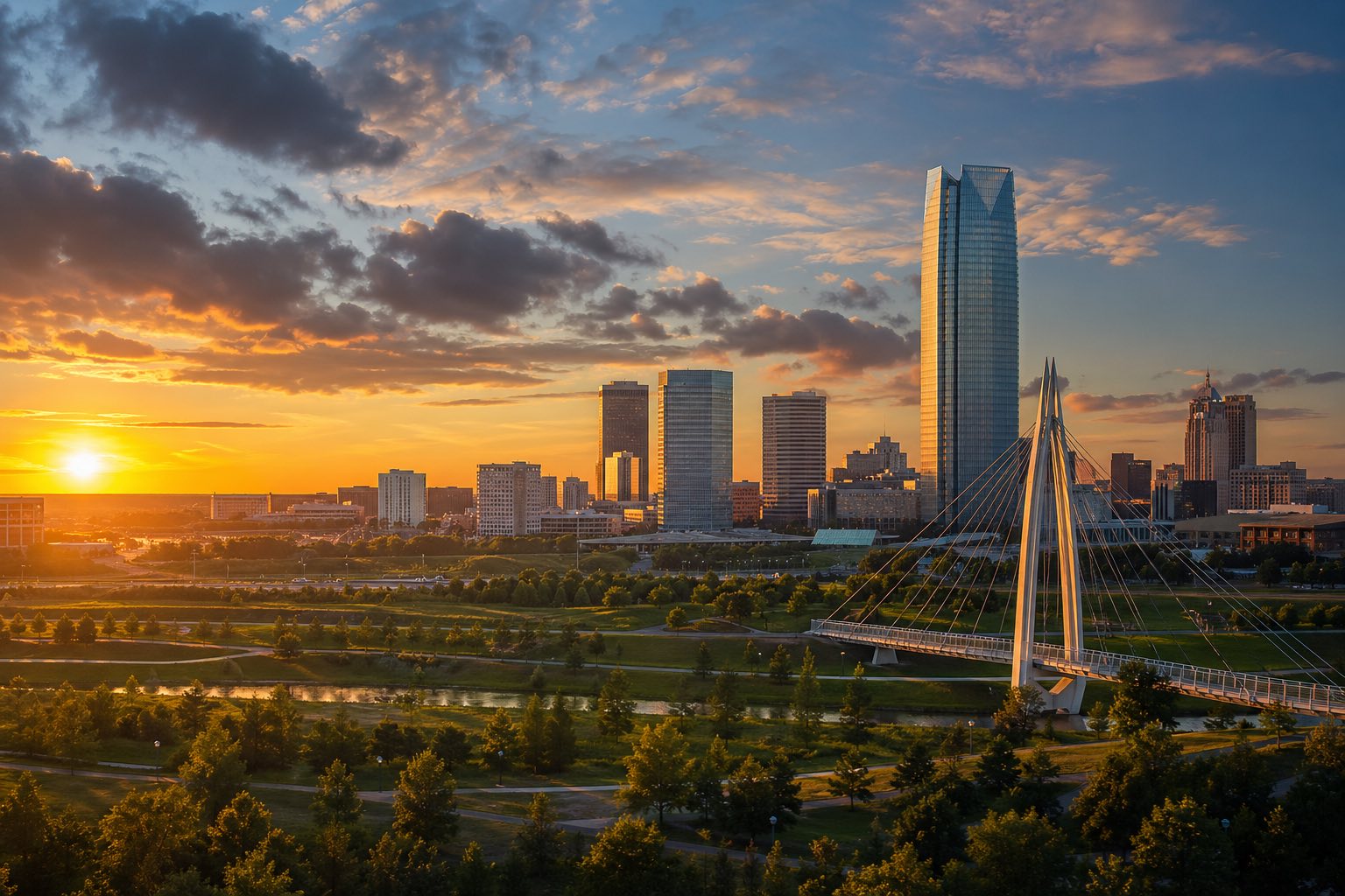 Modern photograph of the Oklahoma City skyline and open prairie horizon at sunset representing Nation Movers' Oklahoma service area