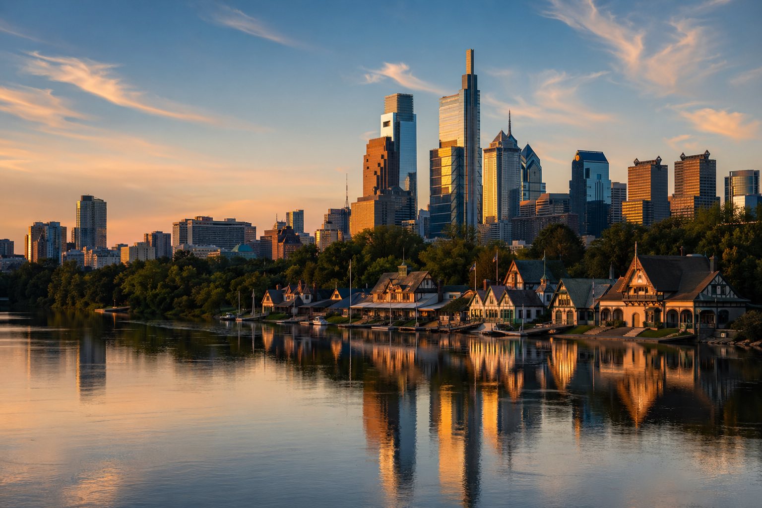 Modern photograph of the Philadelphia skyline and historic riverfront at golden hour representing Nation Movers' Pennsylvania service area