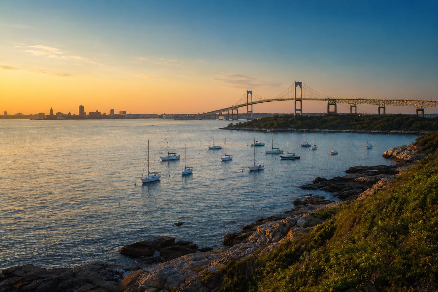 Modern photograph of Newport's Pell Bridge and Narragansett Bay at golden hour representing Nation Movers' Rhode Island service area