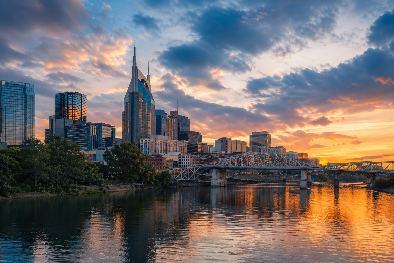 Modern photograph of the Nashville skyline with the Great Smoky Mountains at golden hour representing Nation Movers' Tennessee service area