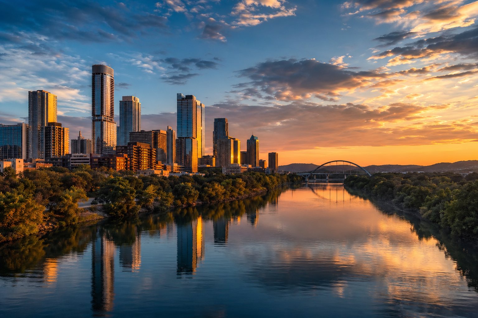 Modern photograph of the Austin downtown skyline with Hill Country in the distance at sunset representing Nation Movers' Texas service area