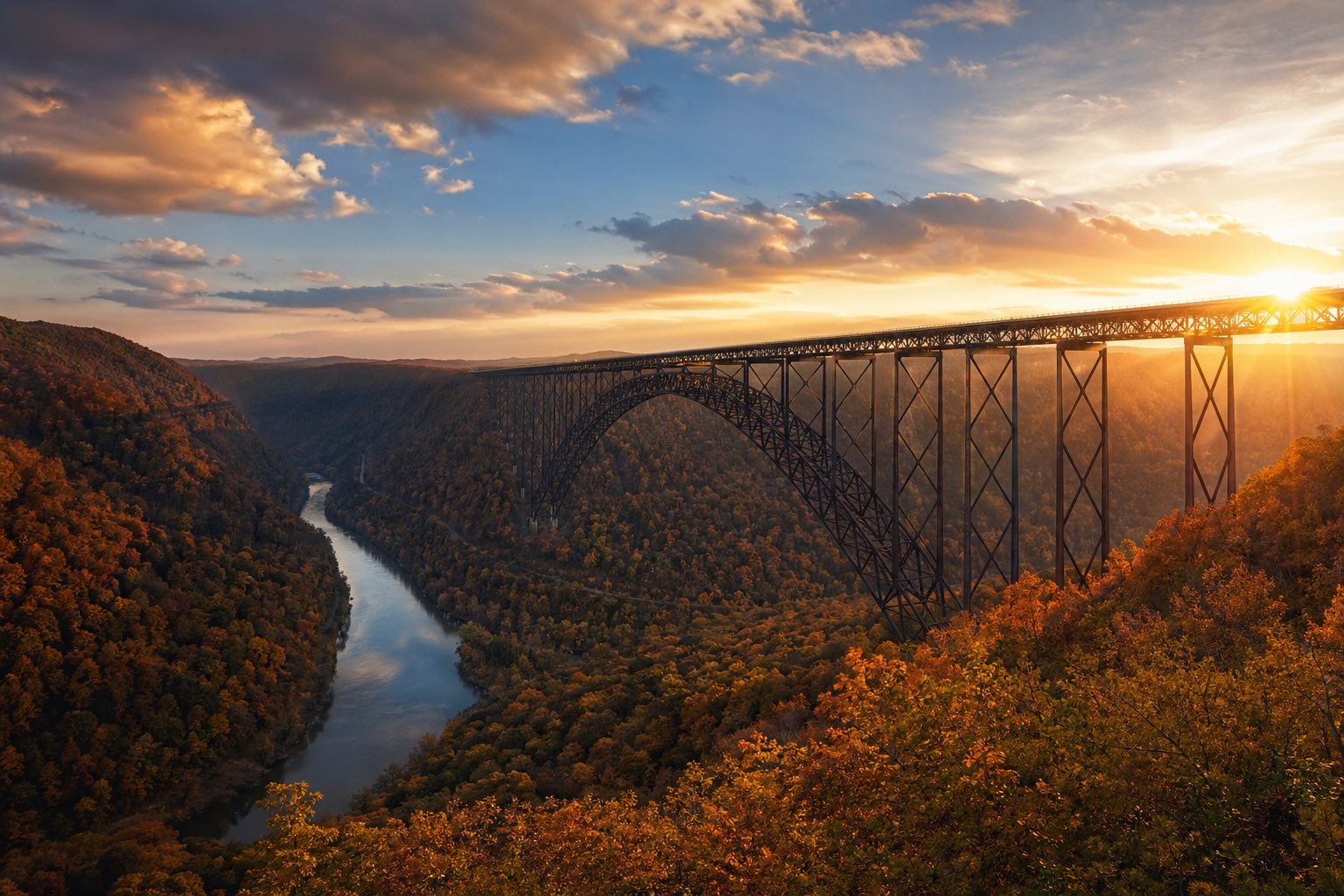 Modern photograph of the New River Gorge bridge and Appalachian Mountains at dawn representing Nation Movers' West Virginia service area