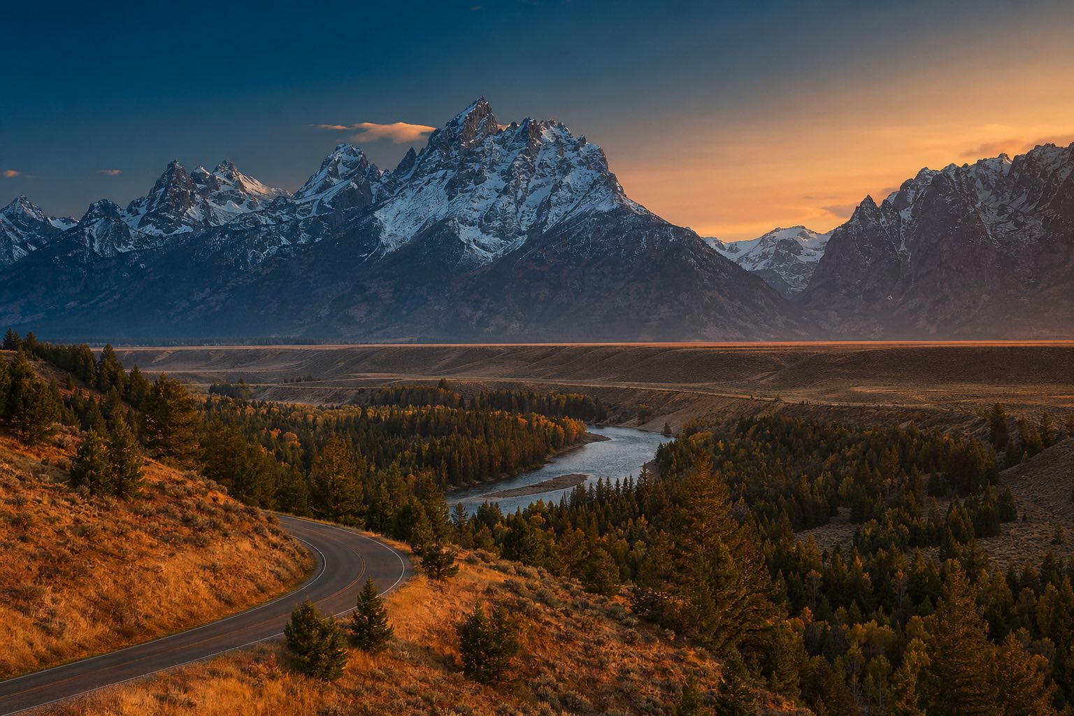 Modern photograph of the Grand Tetons and a winding country road at golden hour representing Nation Movers' Wyoming service area