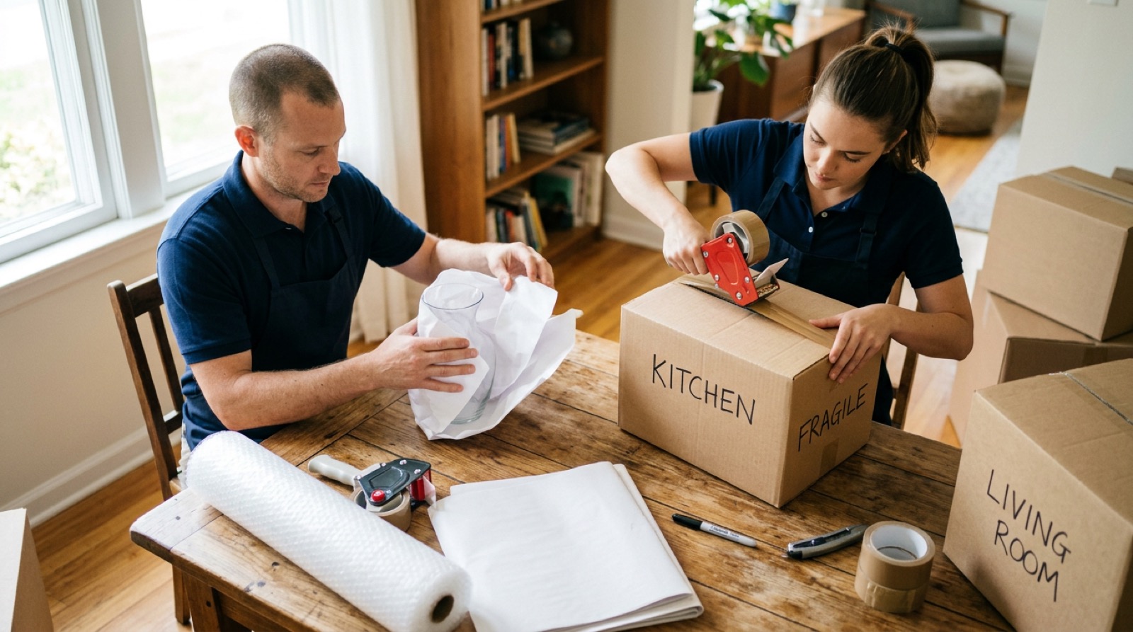 Professional packers wrapping a glass vase and sealing labeled boxes with packing tape at a home dining table